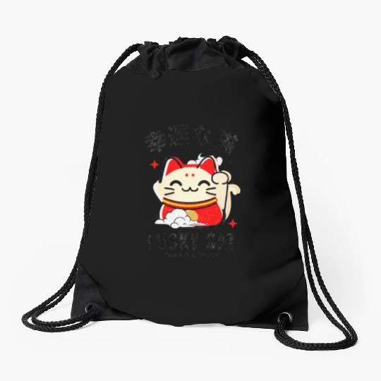Lucky Cat Tokyo Desing Japanese Writing Drawstring Bags