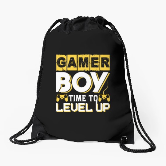 Gamer boy time to level up Drawstring Bags
