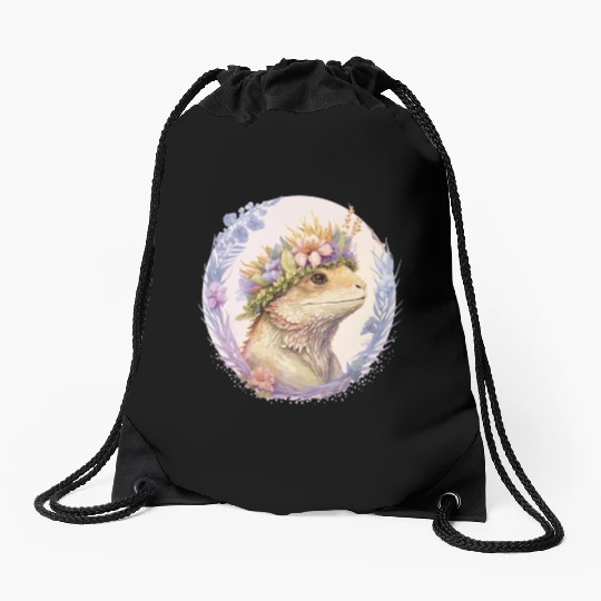 Floral Bearded Dragon Flower Crown Pet Lizard Love Drawstring Bags