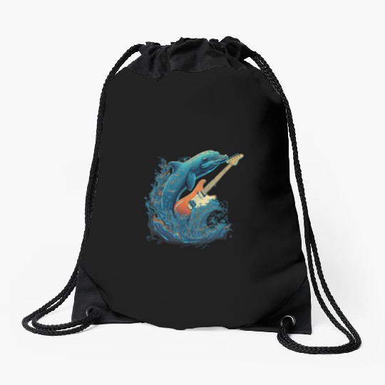 Dolphin Playing Electric Guitar Rock Drawstring Bags