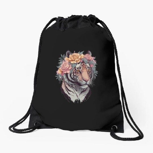 Floral Watercolor Tiger Flower Crown Tiger Lover Drawstring Bags