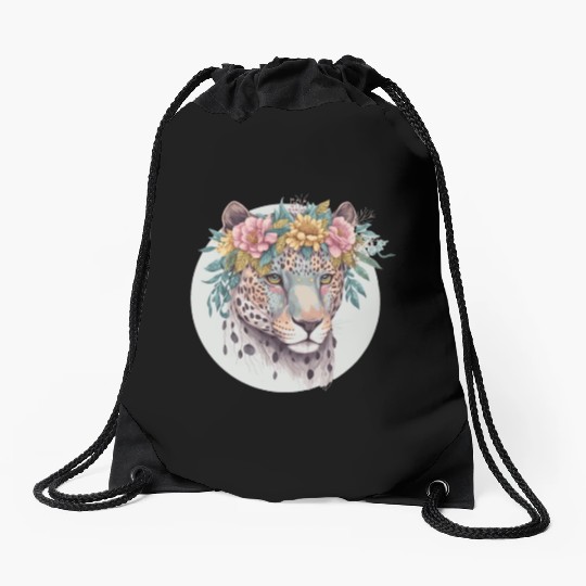 Floral Jaguar Flower Crown Watercolor Animal Drawstring Bags