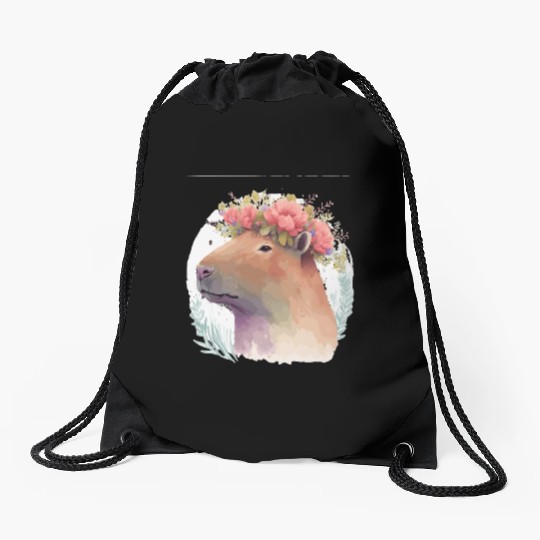Watercolor Capybara Rodent Flower Crown Animal Lov Drawstring Bags