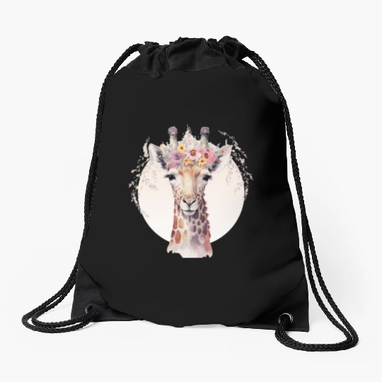 Cute Giraffe Flower Crown Africa Safari Animal Drawstring Bags