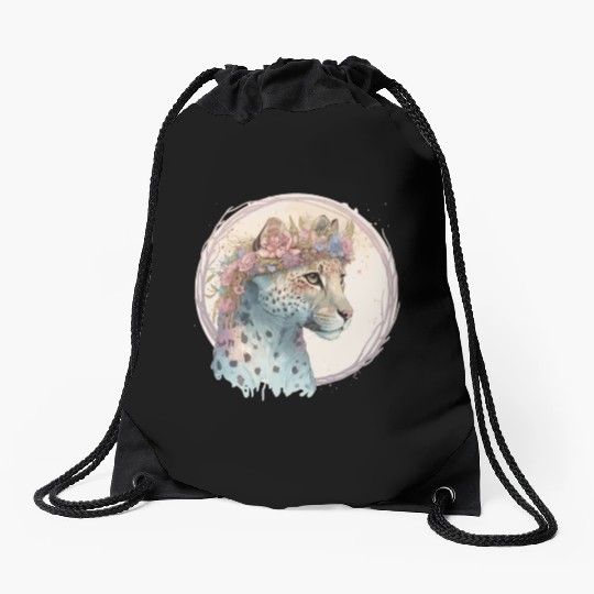 Cute Cheetah Flower Crown Floral Watercolor Animal Drawstring Bags