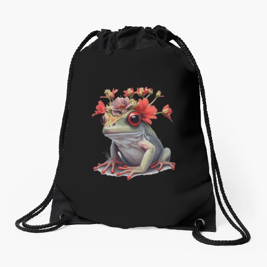 Cute Red Eyed Tree Frog Flower Crown Amphibian Lov Drawstring Bags