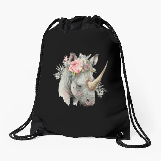 African Watercolor Rhinozeros Flower Crown Safari Drawstring Bags