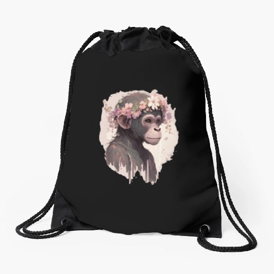 Artistic Watercolor Monkey Flower Crown Floral Ani Drawstring Bags