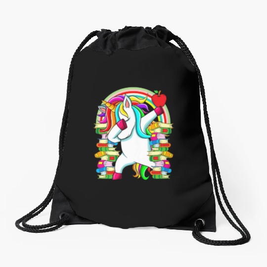 Womens Reading Teacher Dabbing Unicorn Elementary Drawstring Bags