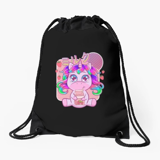 Funny Kawaii Unicorn Strawberry Milk Shake Drawstring Bags
