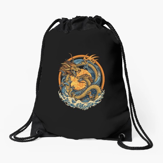 Vintage Japanese Dragon Sun Tattoo Design 1 Drawstring Bags