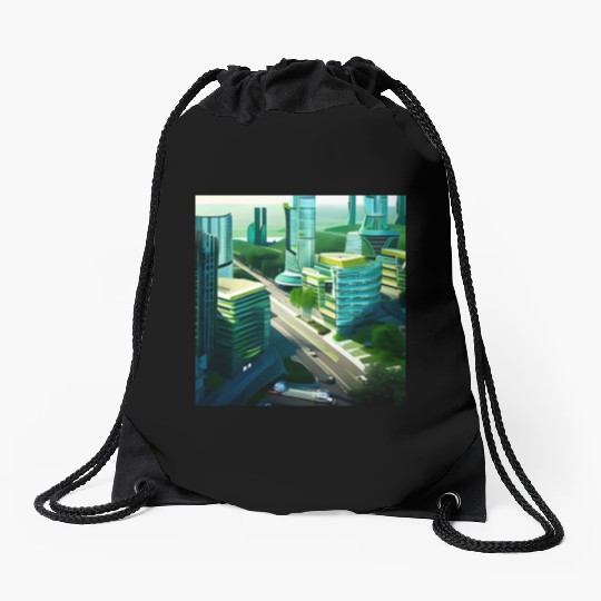 Green Horizon: A Vision of Sustainable Cityscape Drawstring Bags