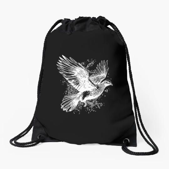 Flying Dove In Tattoo Style Lines Drawstring Bags