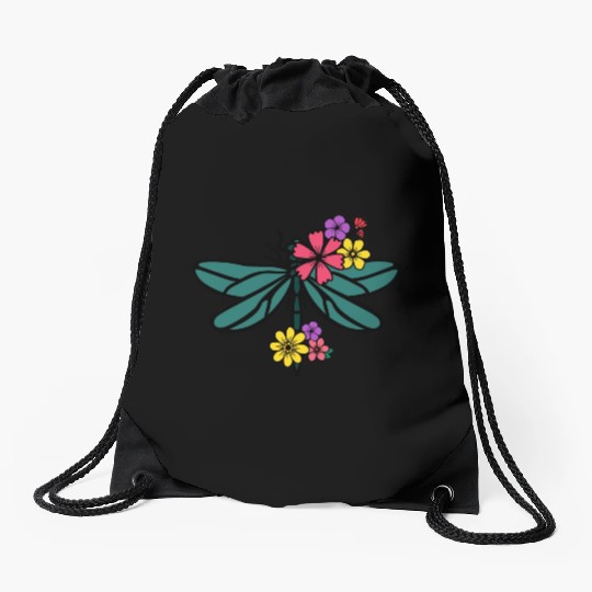 dragonfly with colorful flowers Drawstring Bags