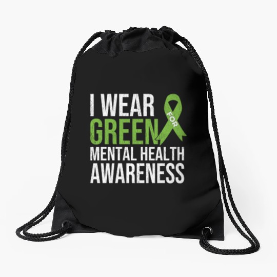 Green Ribbon Mental Health & Depression Awareness Drawstring Bags