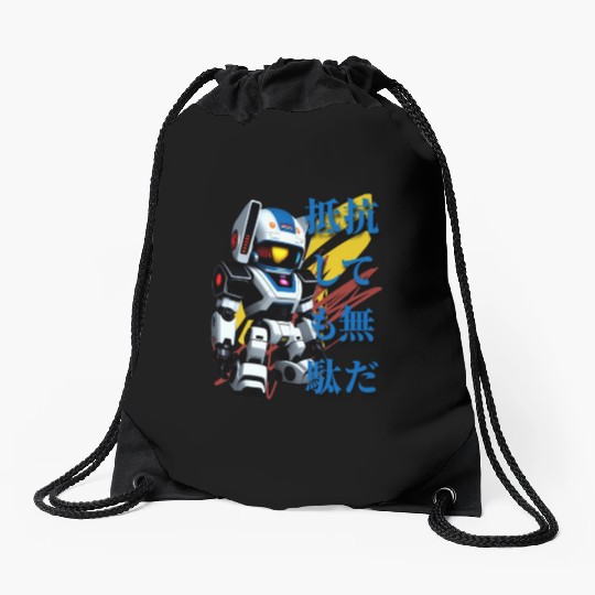 Chibi Mecha: A Cute Cyberpunk Design 5 Drawstring Bags