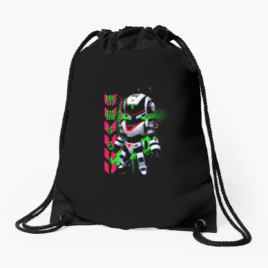 Chibi Mecha: A Cute Cyberpunk Design 1 Drawstring Bags