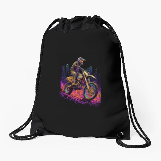 Dirt Bike Biking City Skyline Motocross Drawstring Bags