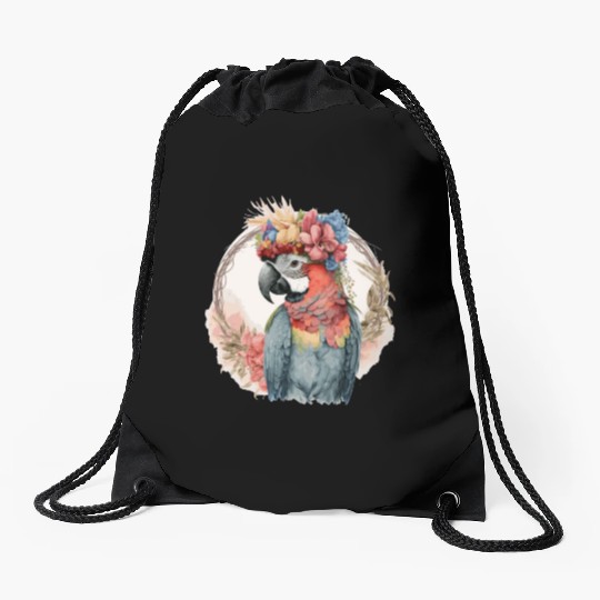 Colorful Parrot Watercolor Macaw Bird Flower Crown Drawstring Bags