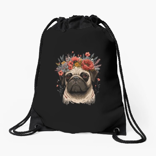 Cute Pug Flower Crown Pet Dog Breed Floral Puppy Drawstring Bags