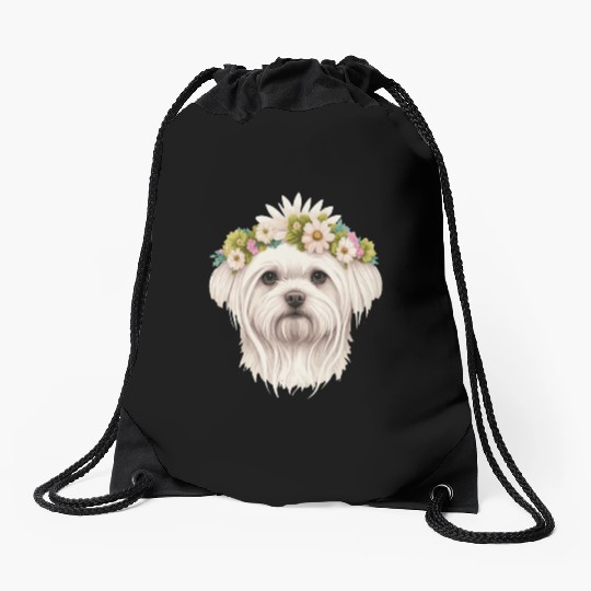 Cute Maltese Flower Crown Pet Dog Breed Floral Pup Drawstring Bags