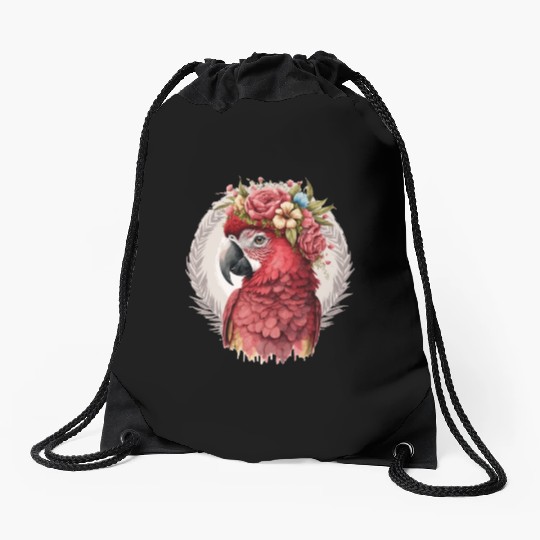 Scarlet Macaw Parrot Watercolor Bird Flower Crown Drawstring Bags