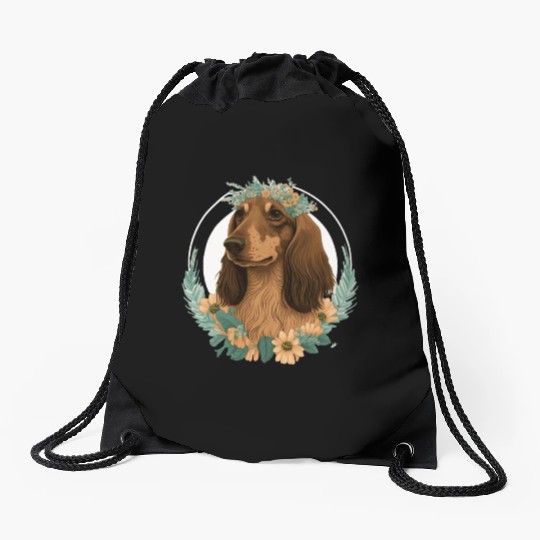 Cute Dachshund Flower Crown Pet Dog Breed Floral P Drawstring Bags