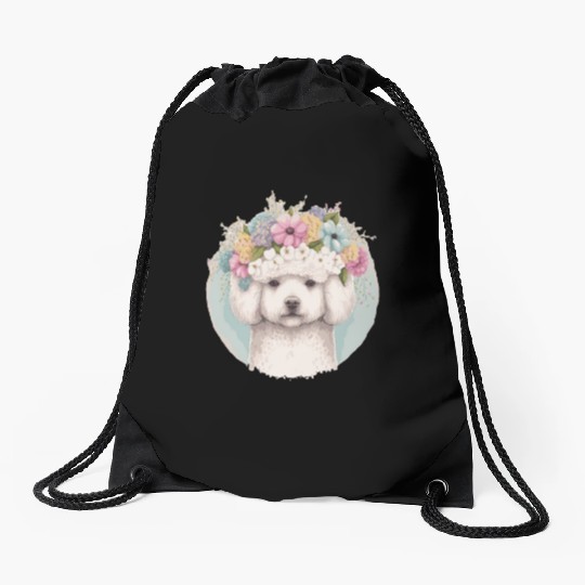 Cute Bichon Frise Flower Crown Pet Dog Floral Pupp Drawstring Bags
