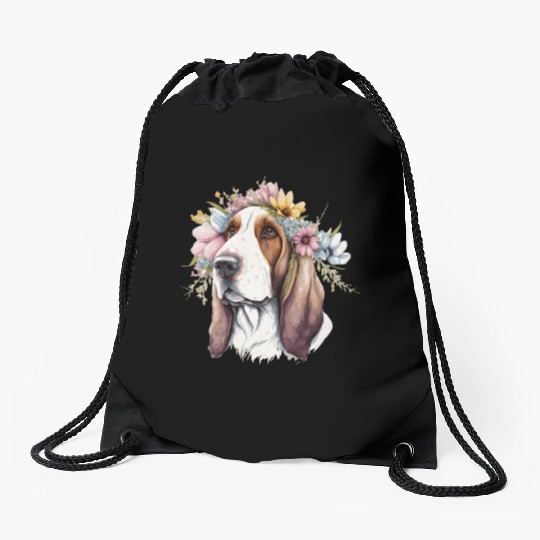 Cute Basset Hound Flower Crown Pet Dog Breed Flora Drawstring Bags