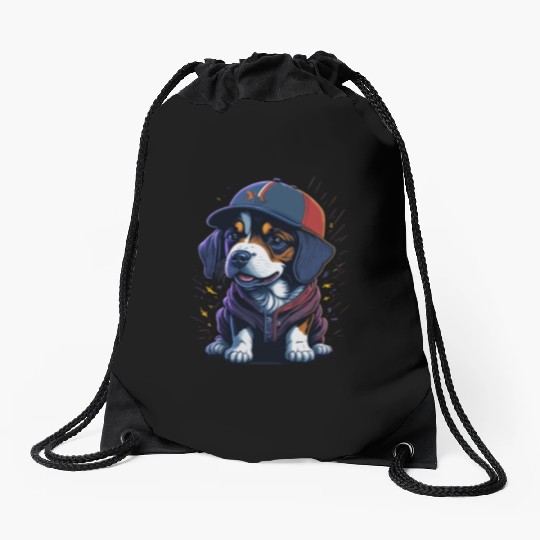 Cute Border Collie Puppy Wearing Baseball Hat Drawstring Bags