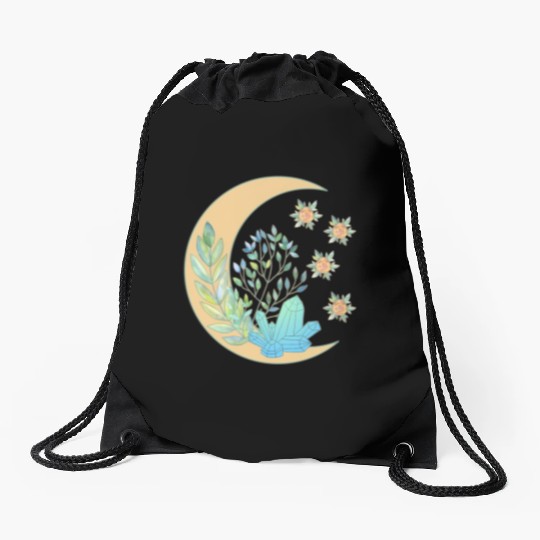 Floral Crescent Moon Healing Crystal Garden Witch Drawstring Bags
