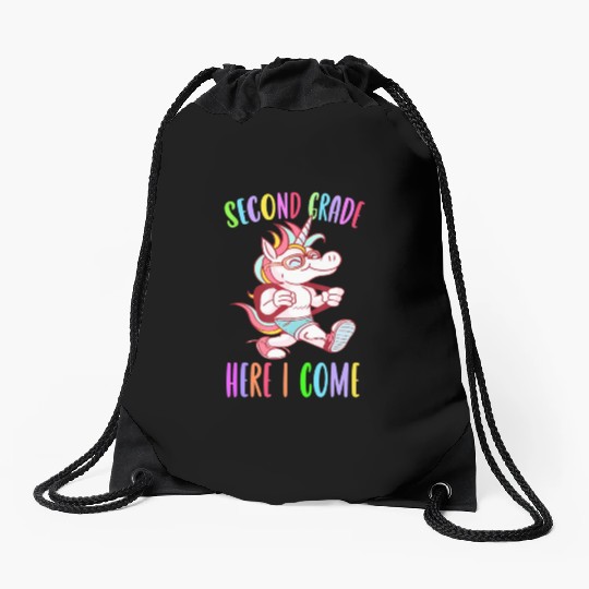 Second Grade Here I Come Unicorn Rainbow Back to S Drawstring Bags