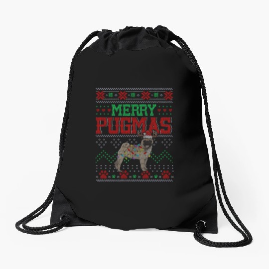 Merry Pugmas Santa Reindeer Pug Farmer Drawstring Bags