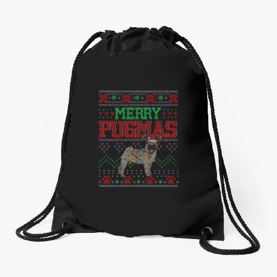 Merry Pugmas Santa Reindeer Pug Farmer Drawstring Bags
