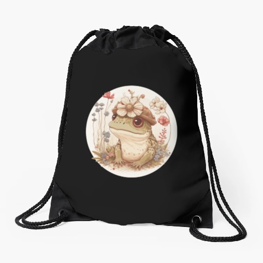 Cottagecore Cute Frog Toad Flower Crown Dark Acade Drawstring Bags