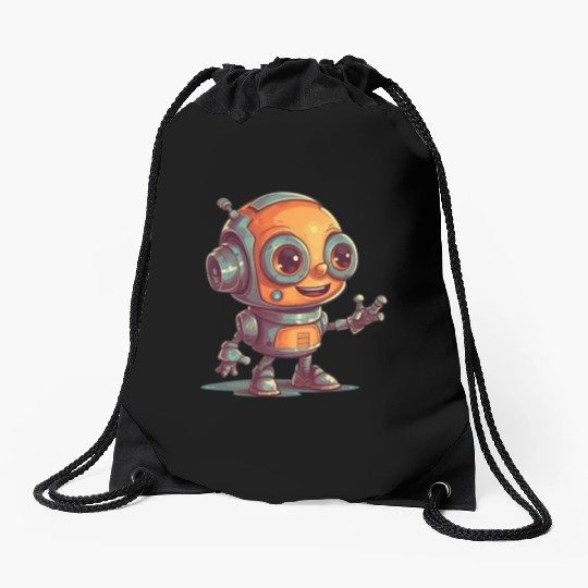 Cute waving robot illustration technology friendly Drawstring Bags