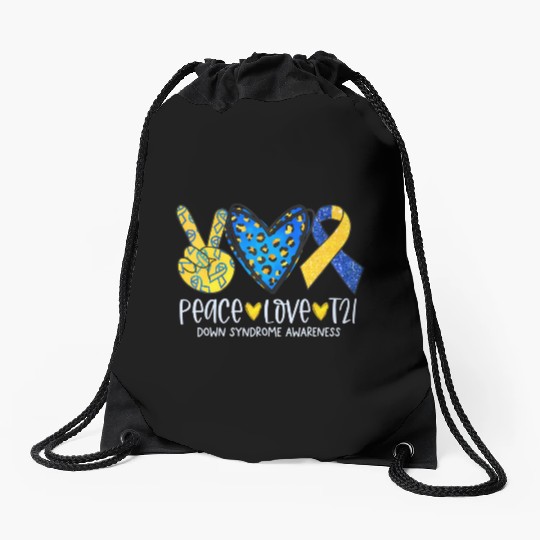 Peace Love T21 Blue Yellow Ribbon Down Syndrome Aw Drawstring Bags