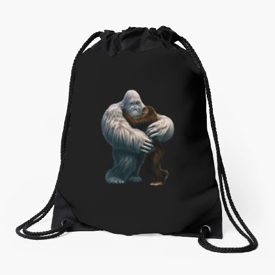 Yeti hugs Bigfoot Drawstring Bags
