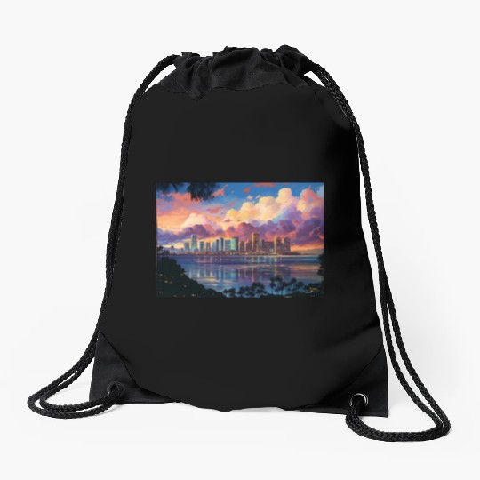 Anime Honolulu A Vibrant Anime Inspired Skyline Drawstring Bags