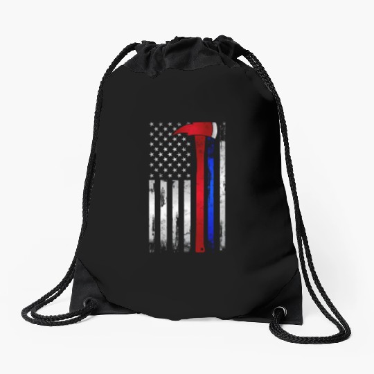 Thin Red Blue Line American Flag Axe Firefighter Drawstring Bags