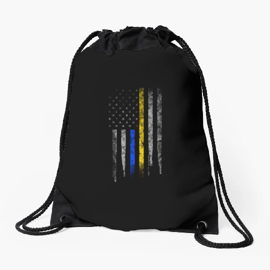 Gold Blue Line 911 Police Dispatcher First Drawstring Bags