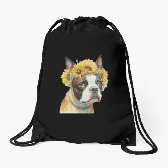 Cute Boston Terrier Sunflower Dog Breed Pet Puppy Drawstring Bags