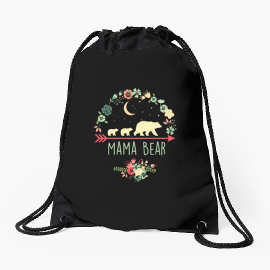 Floral Mama Bear With 2 Cubs Drawstring Bags