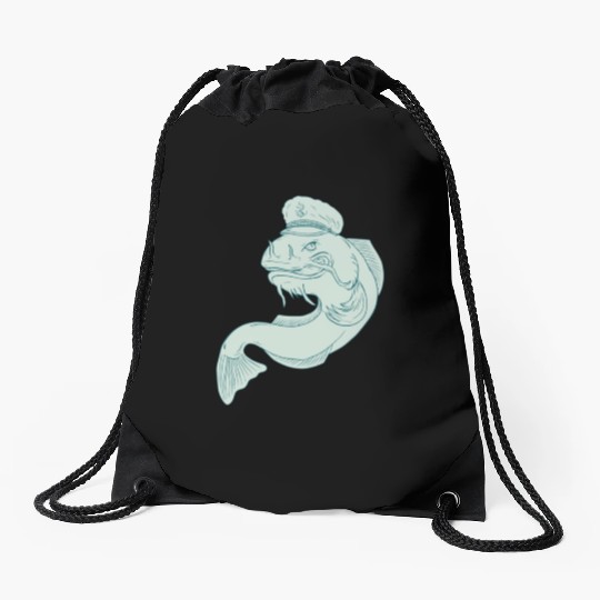 Captain Catfish Drawing Drawstring Bags