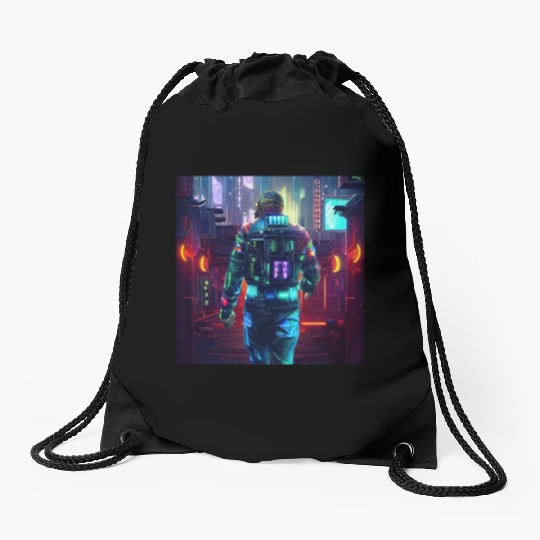 Cyberpunk man Drawstring Bags