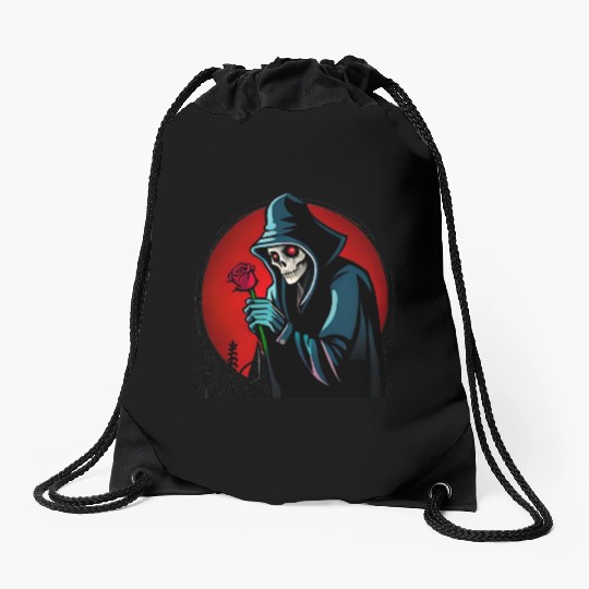 Symbolic Contrast A Grim Reaper Embracing a Rose Drawstring Bags