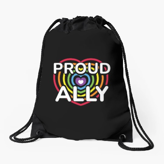 Proud Ally Rainbow Heart LGBTQIA Pride Month v01 Drawstring Bags