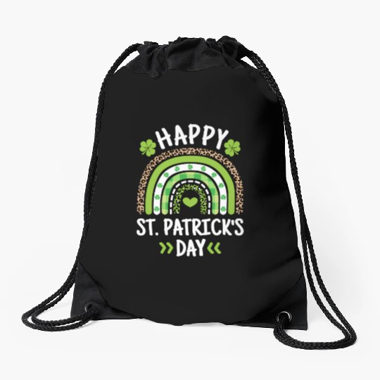 Happy St Patric Day Leopard Print Rainbow Drawstring Bags