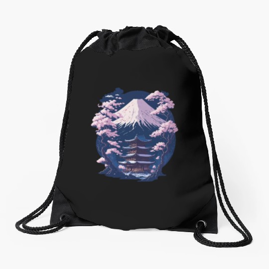 Mount Fuji and a Temple With Cherry Blossoms Drawstring Bags