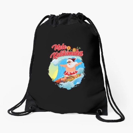 In July Santa Surfing Mele Kalikimaka Drawstring Bags